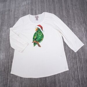 Chicos Christmas Parrot Santa Hat Sequin Top Off White Cotton Modal Size 2 L